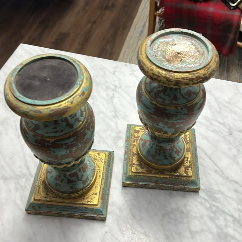 Pottery Barn Set of Two Gold and Teal Distressed Wooden Candle Holders